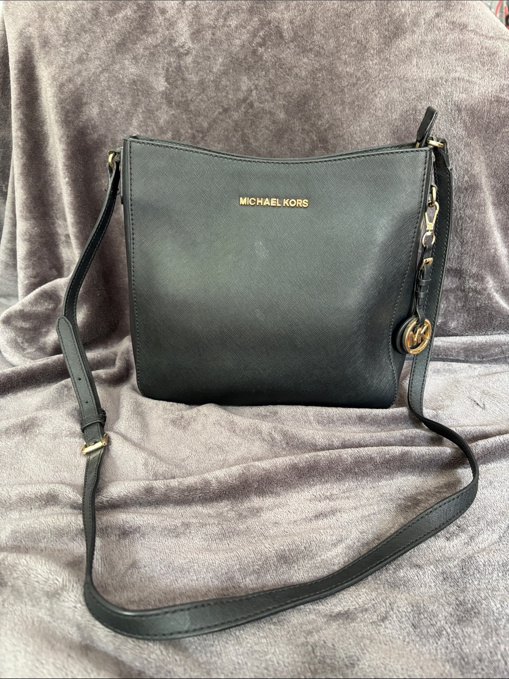 Michael Kors Black Saffiano Leather Crossbody with Gold-Tone MK Charm